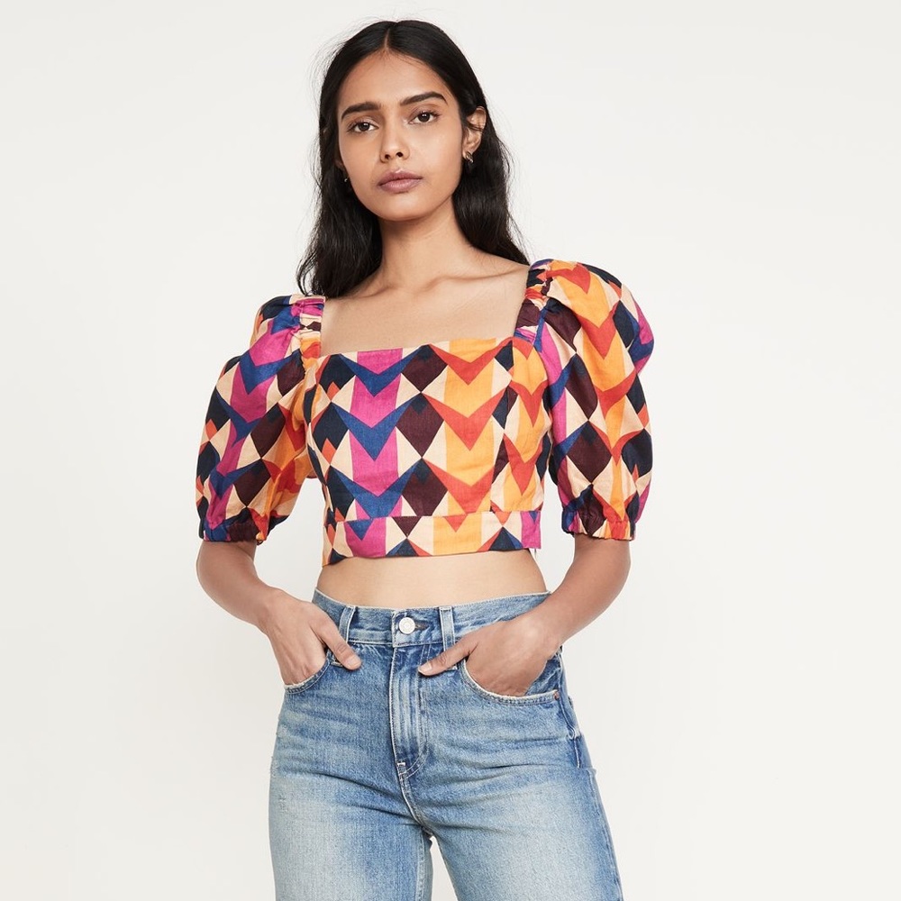 Farm Rio linen crop top puff sleeve/back smocking